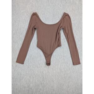 Naked Wardrobe Bodysuit Womens Small Brown Long Sleeve Scoop Neck Stretch Snap